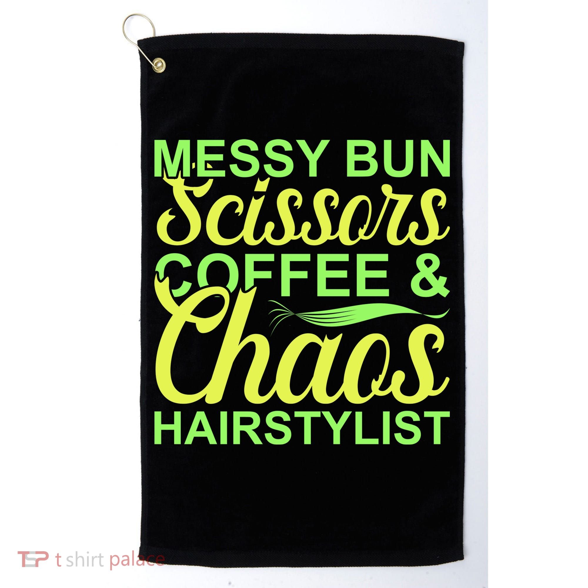 Messy Bun Scissors Coffee And Chaos Hairstylist Golf Towel