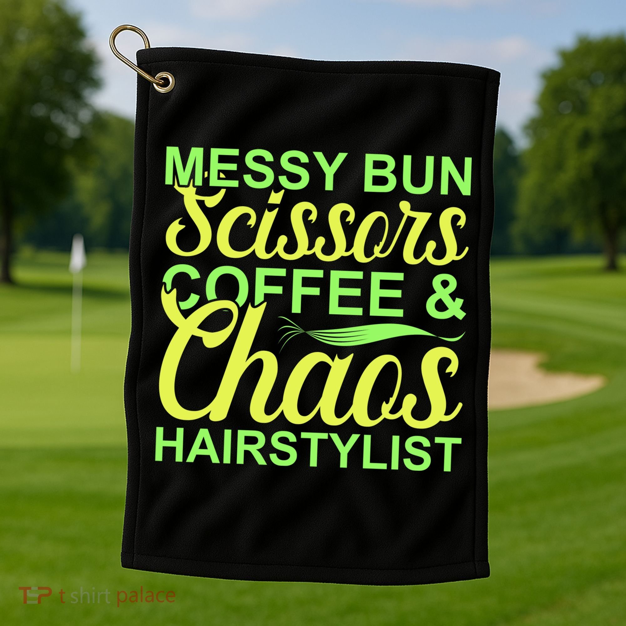Messy Bun Scissors Coffee And Chaos Hairstylist Golf Towel