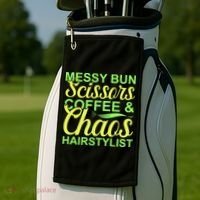 Messy Bun Scissors Coffee And Chaos Hairstylist Golf Towel thumb 2