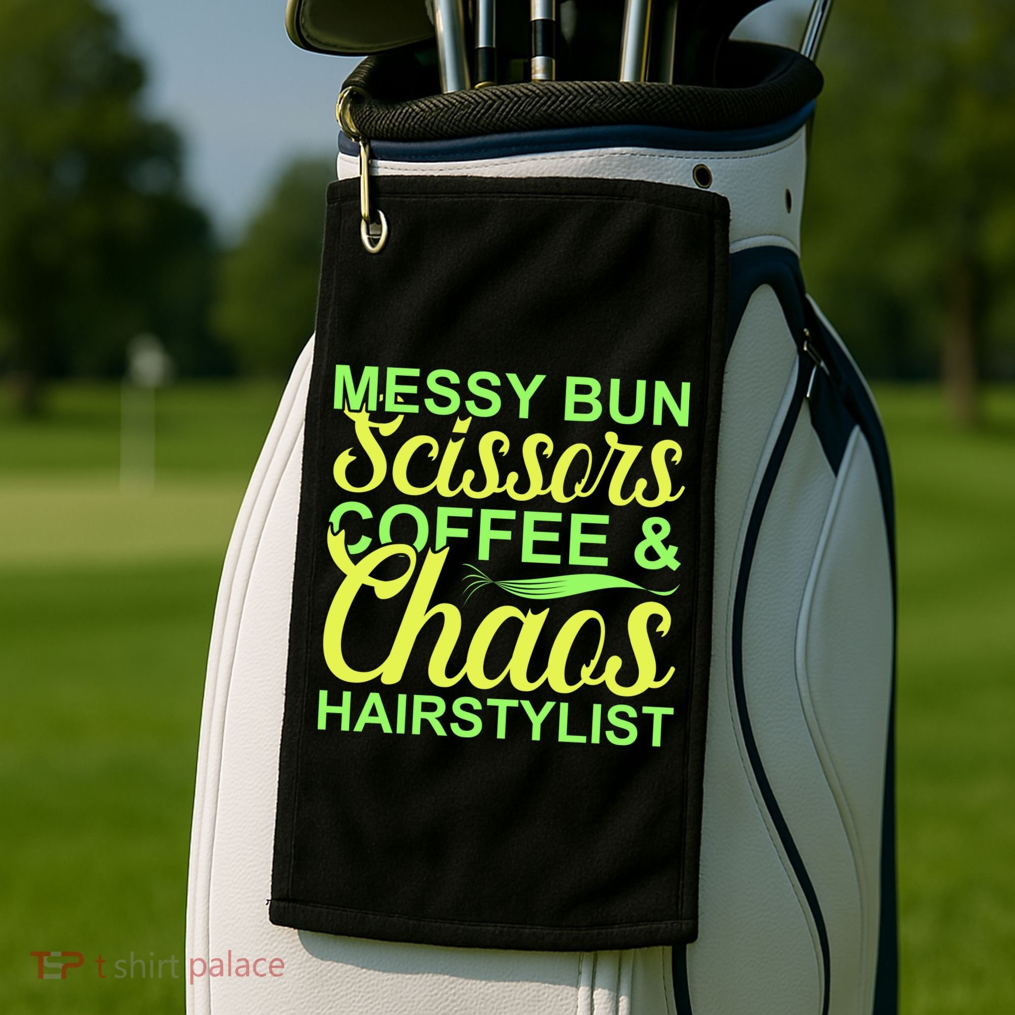 Messy Bun Scissors Coffee And Chaos Hairstylist Golf Towel
