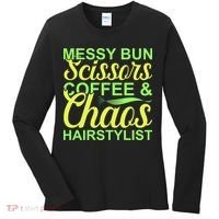 Messy Bun Scissors Coffee And Chaos Hairstylist Women's Long Sleeve Shirt thumb 0