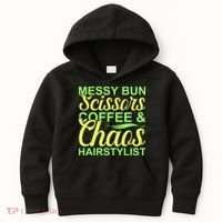 Messy Bun Scissors Coffee And Chaos Hairstylist Kids Hoodie thumb 0