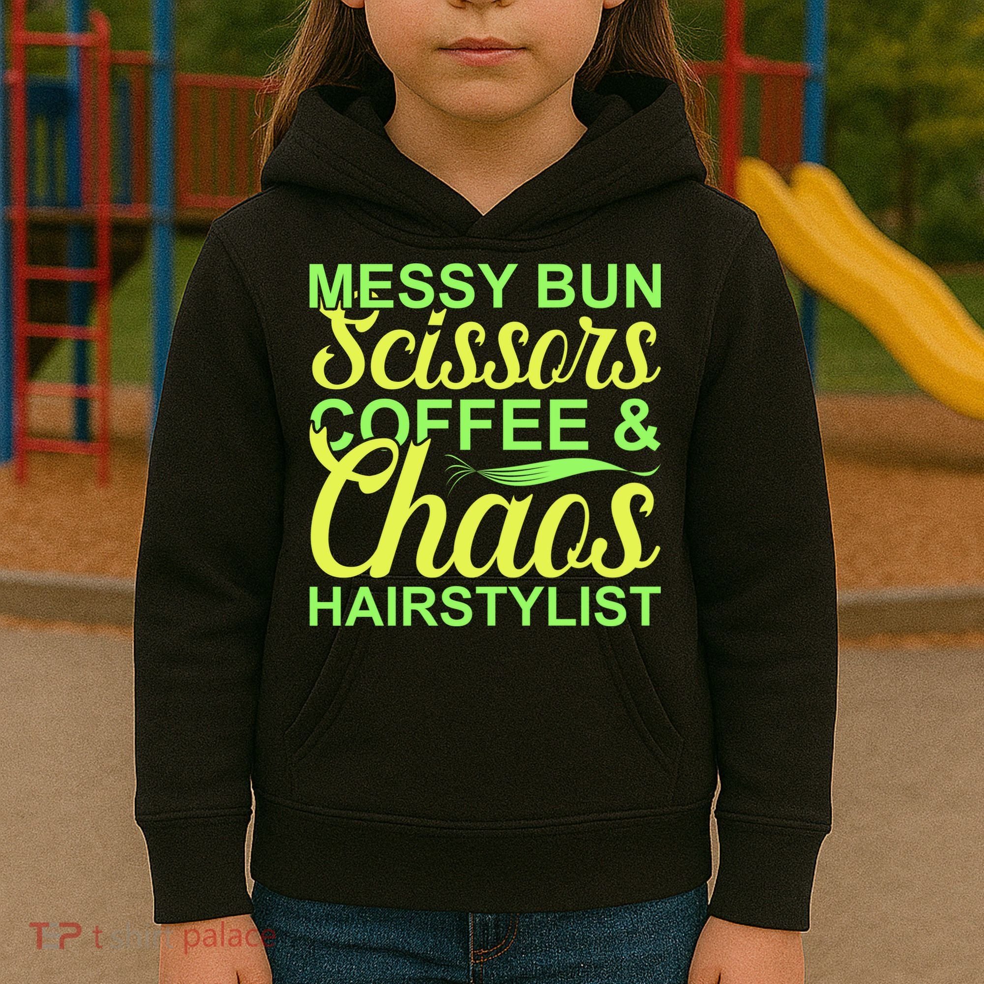 Messy Bun Scissors Coffee And Chaos Hairstylist Kids Hoodie