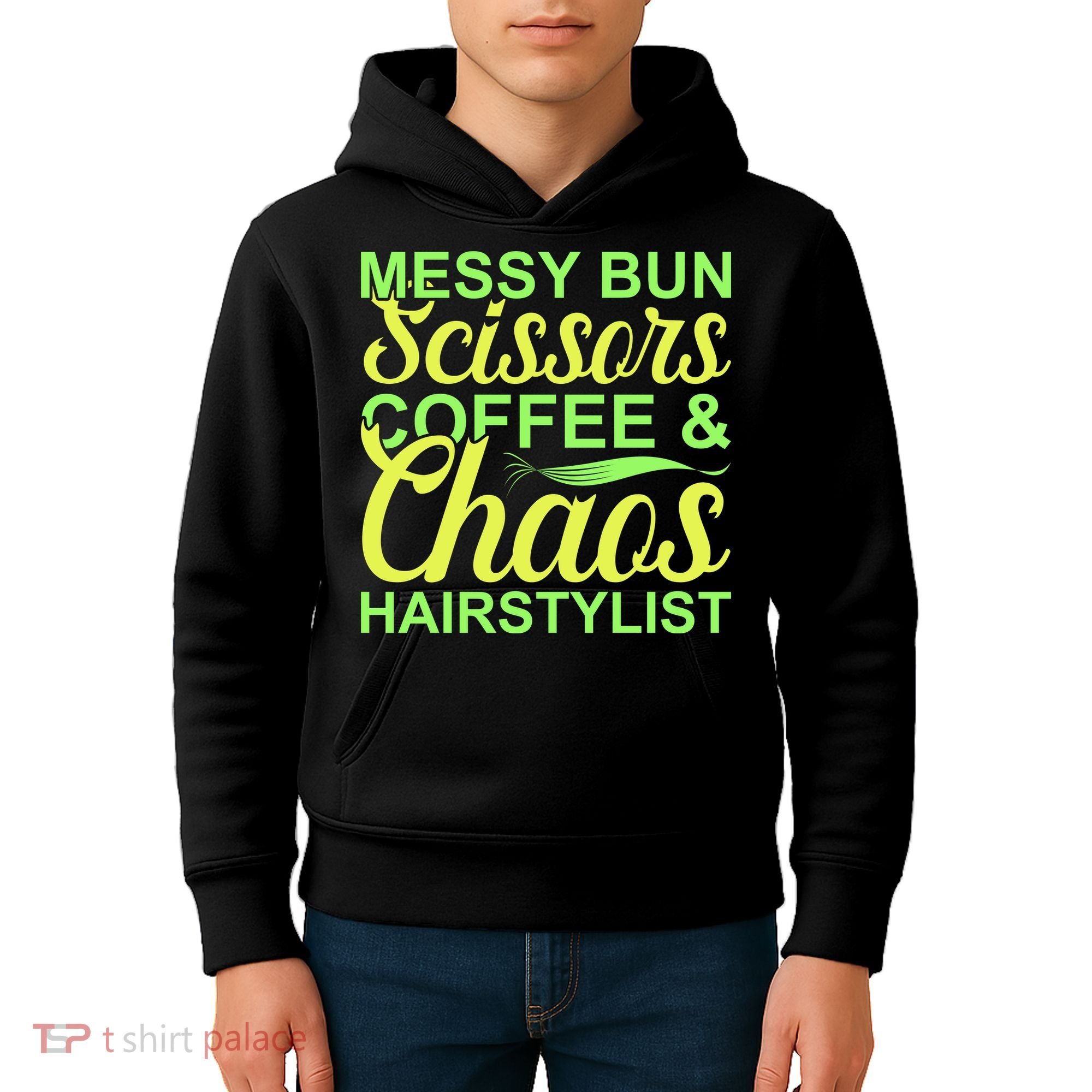 Messy Bun Scissors Coffee And Chaos Hairstylist Kids Hoodie