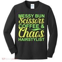 Messy Bun Scissors Coffee And Chaos Hairstylist Kids Long Sleeve Shirt thumb 0