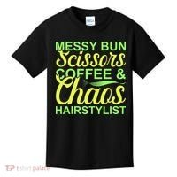 Messy Bun Scissors Coffee And Chaos Hairstylist Kids T-Shirt thumb 0