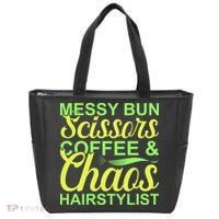 Messy Bun Scissors Coffee And Chaos Hairstylist Tote Bag thumb 0