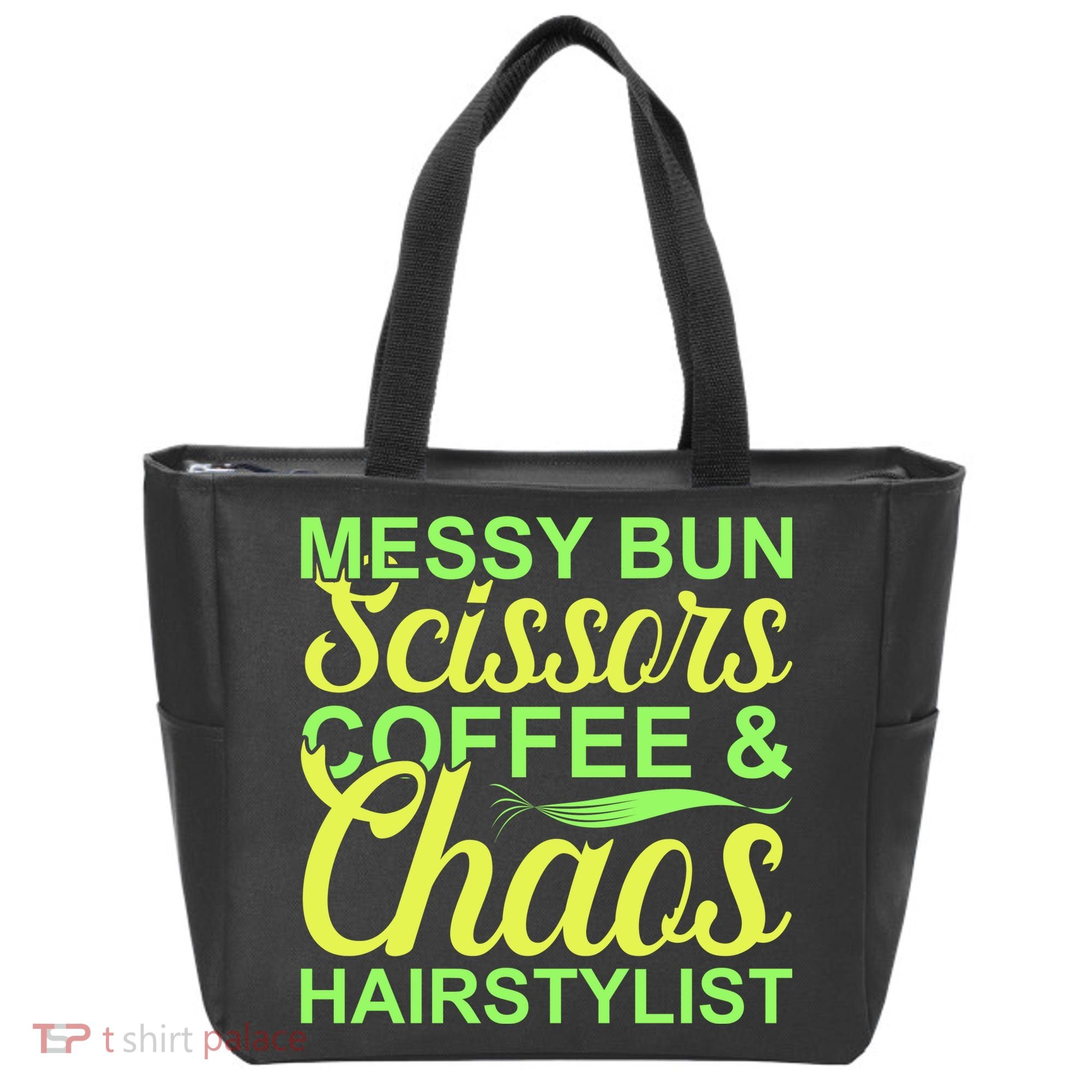Messy Bun Scissors Coffee And Chaos Hairstylist Tote Bag