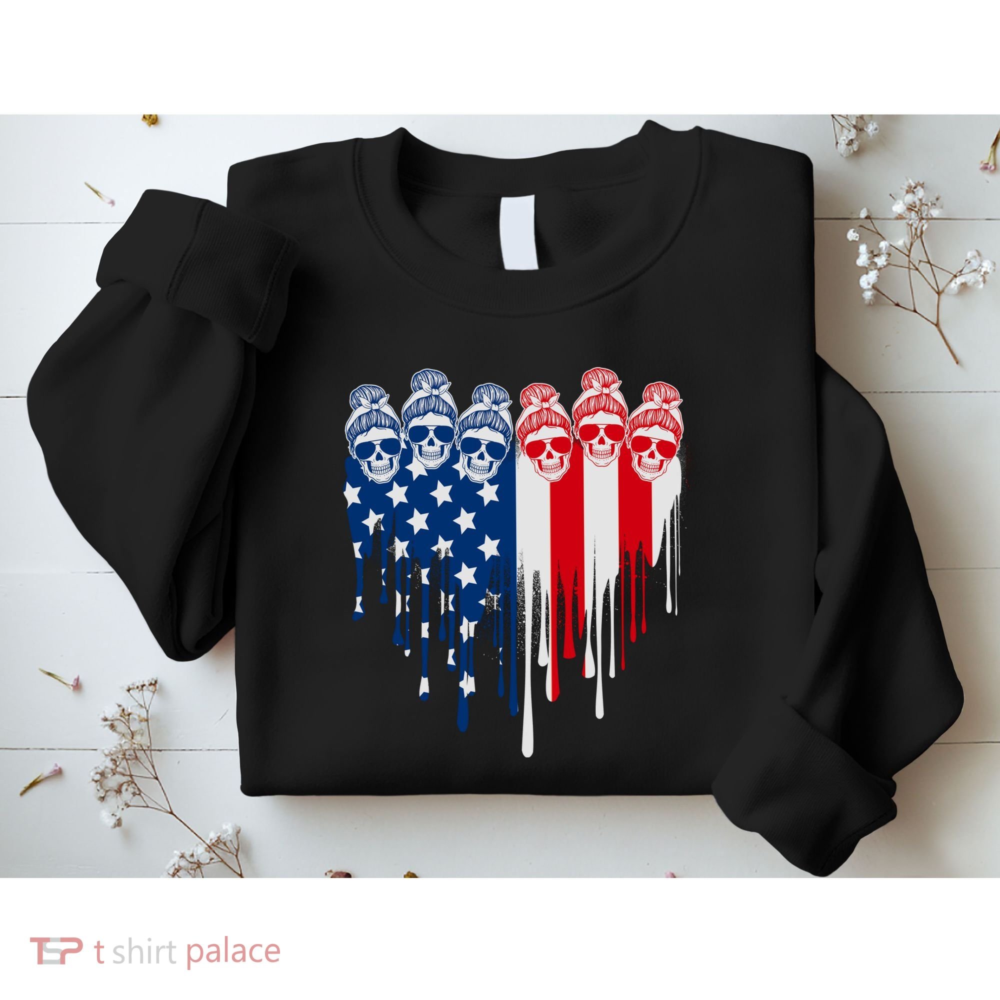 Messy Bun Skulls USA American Flag Painted Heart Sweatshirt