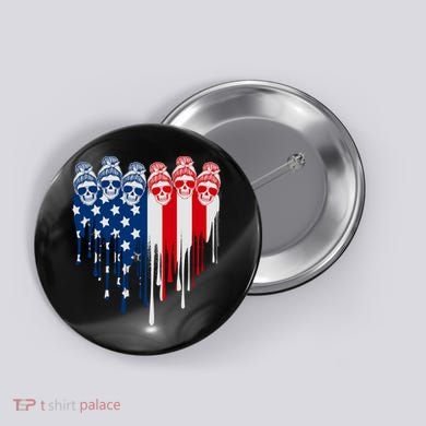 Messy Bun Skulls USA American Flag Painted Heart Button