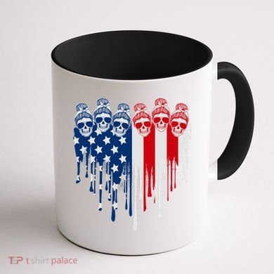 Messy Bun Skulls USA American Flag Painted Heart Coffee Mug back