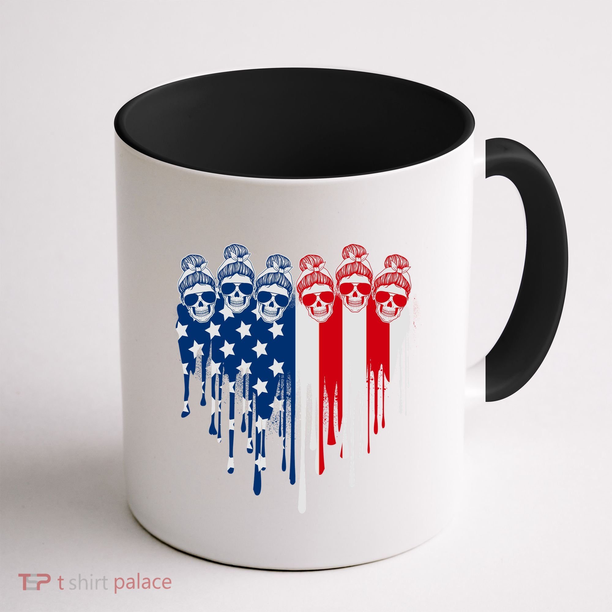 Messy Bun Skulls USA American Flag Painted Heart Coffee Mug