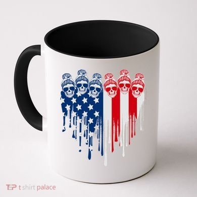 Messy Bun Skulls USA American Flag Painted Heart Coffee Mug