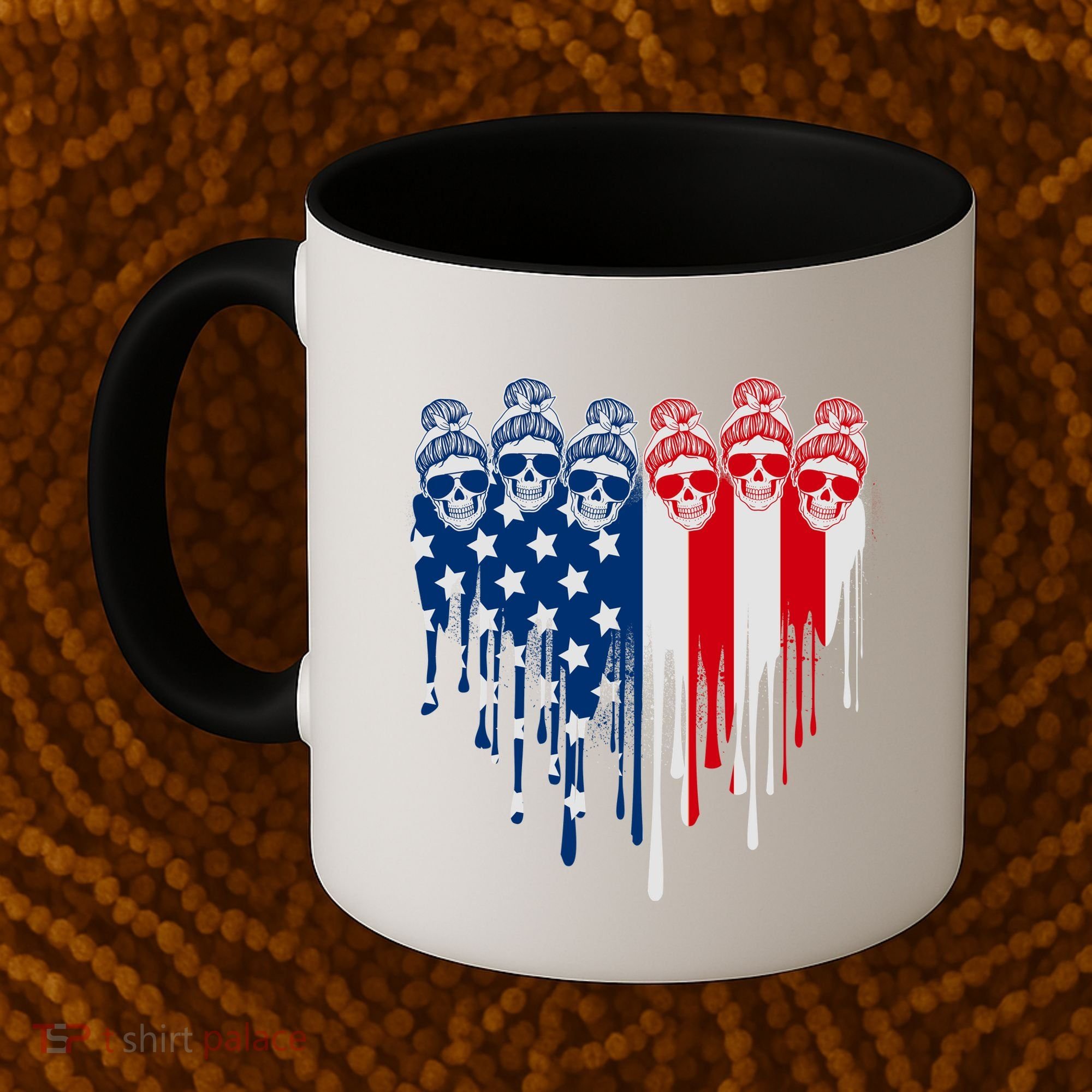 Messy Bun Skulls USA American Flag Painted Heart Coffee Mug