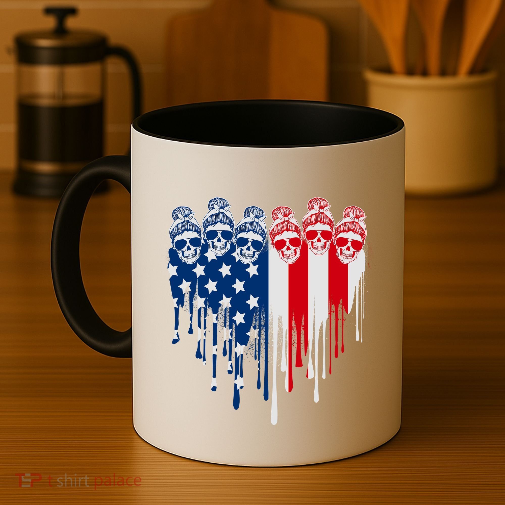 Messy Bun Skulls USA American Flag Painted Heart Coffee Mug