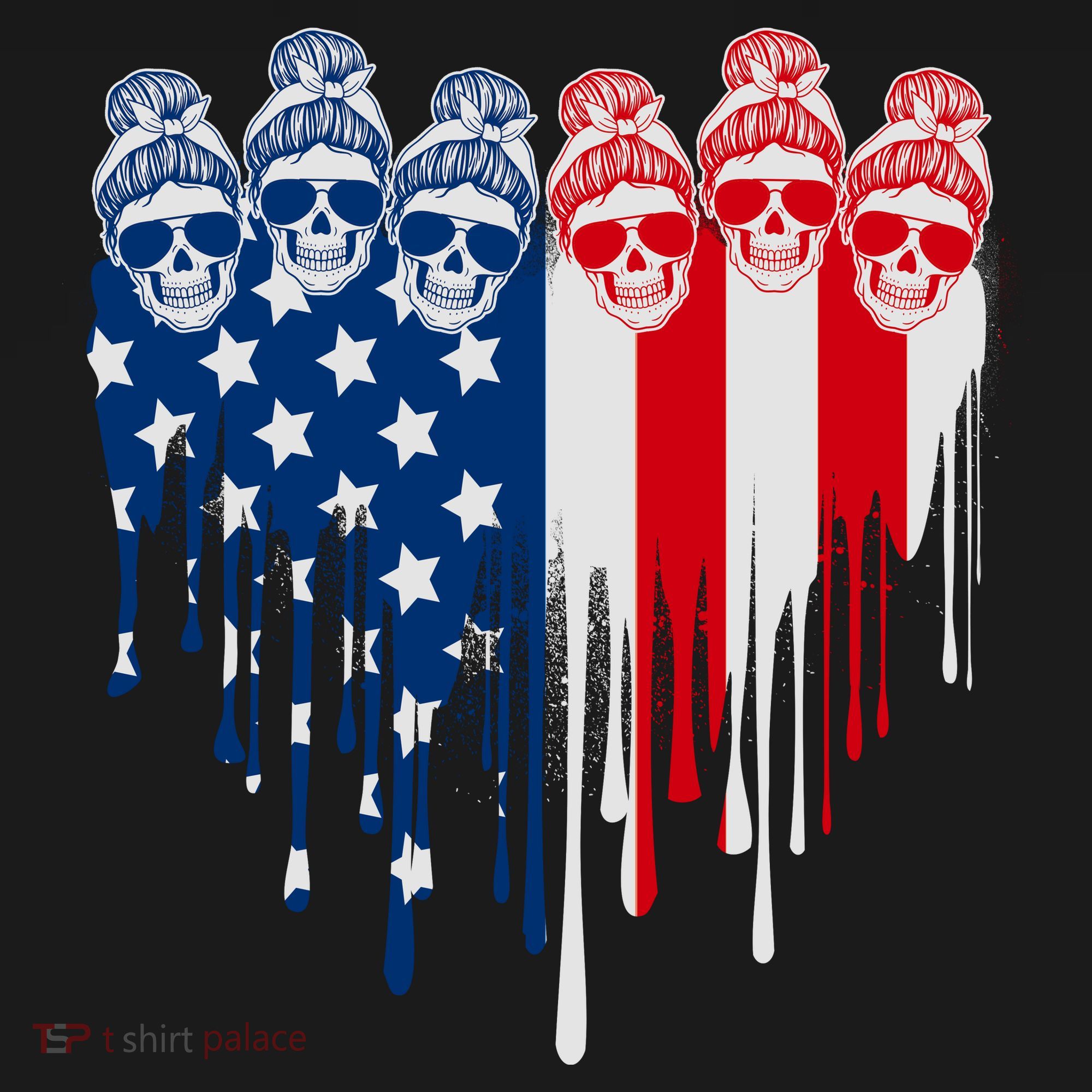 Messy Bun Skulls USA American Flag Painted Heart Women's Hoodie