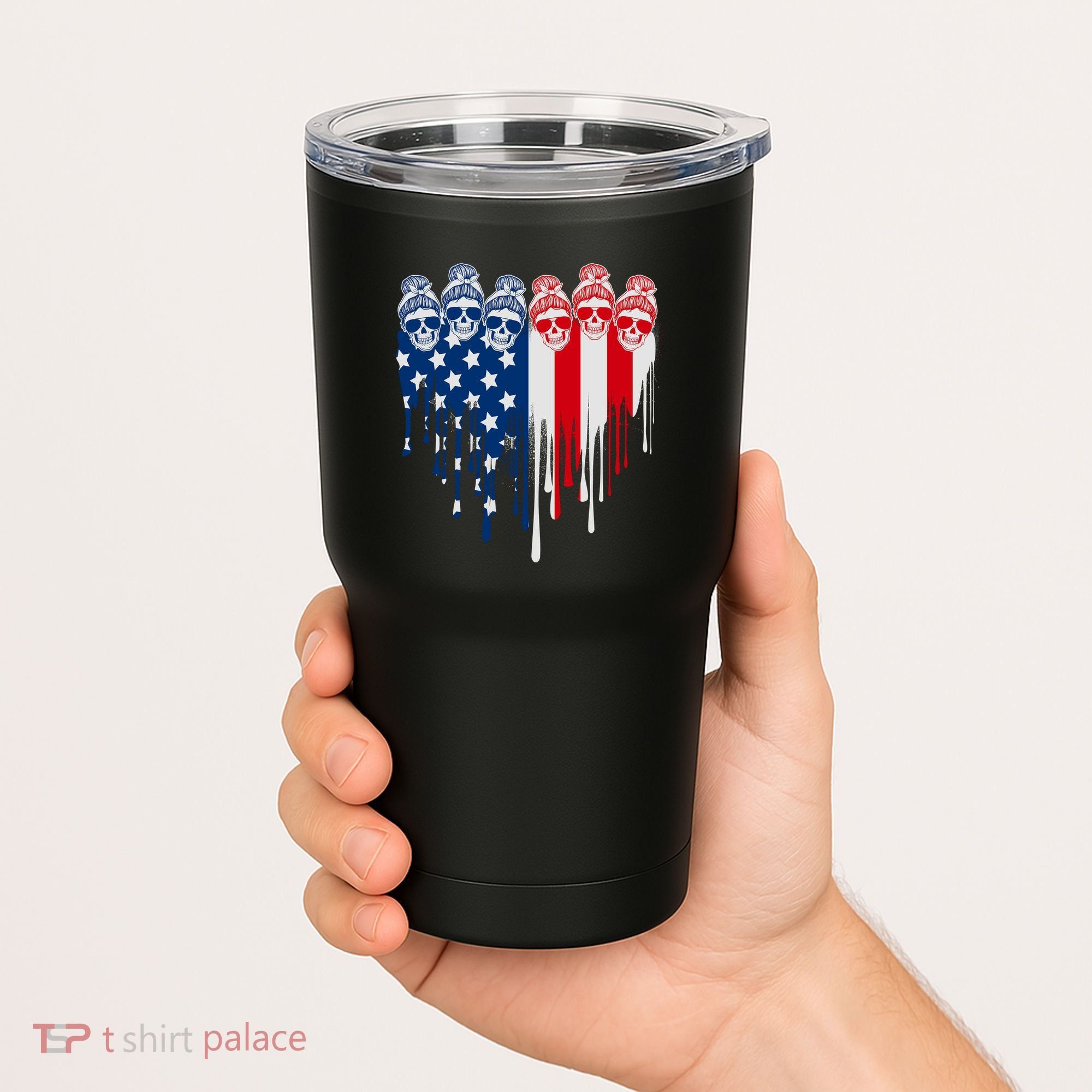 Messy Bun Skulls USA American Flag Painted Heart Tumbler