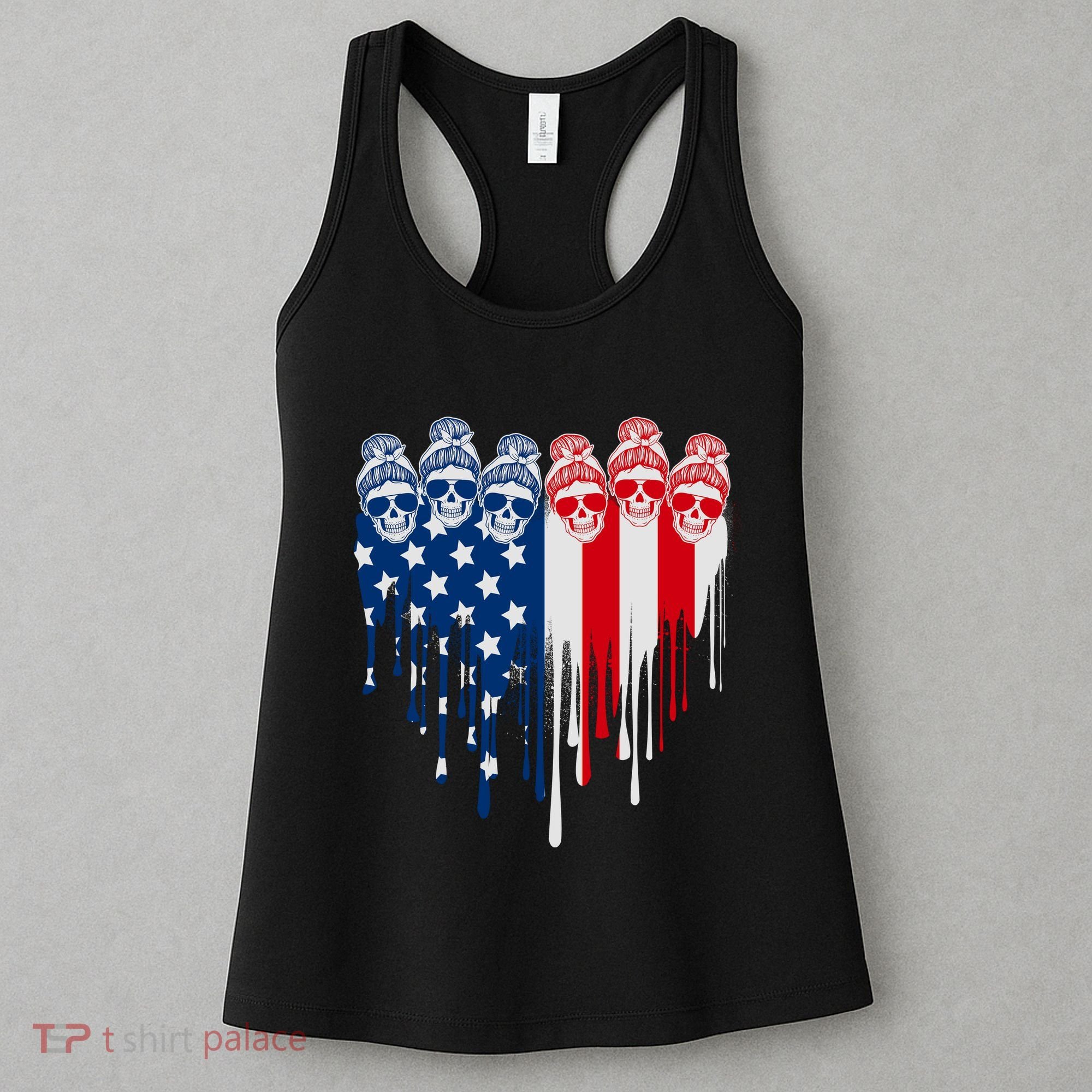 Messy Bun Skulls USA American Flag Painted Heart Women's Tank Top
