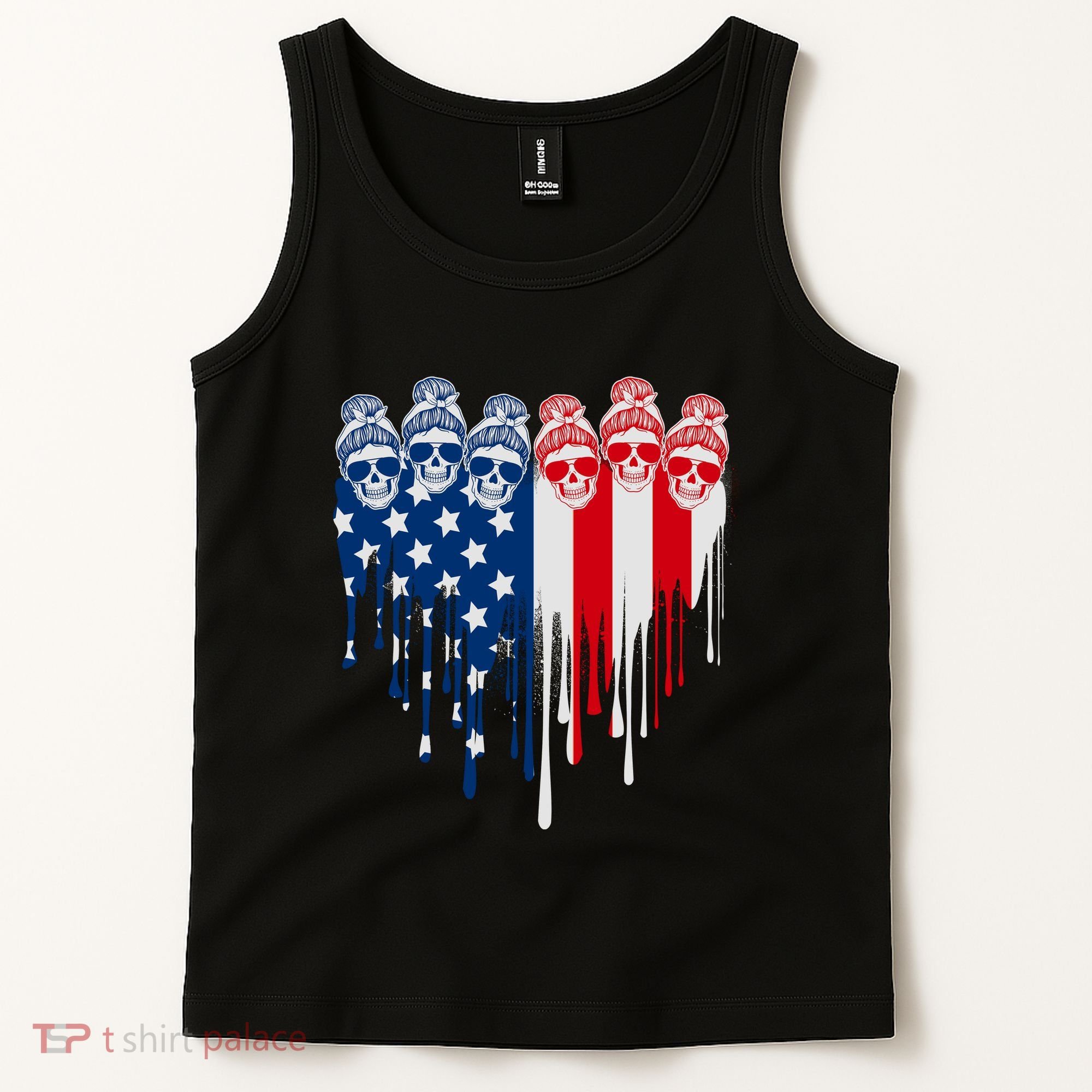 Messy Bun Skulls USA American Flag Painted Heart Tank Top