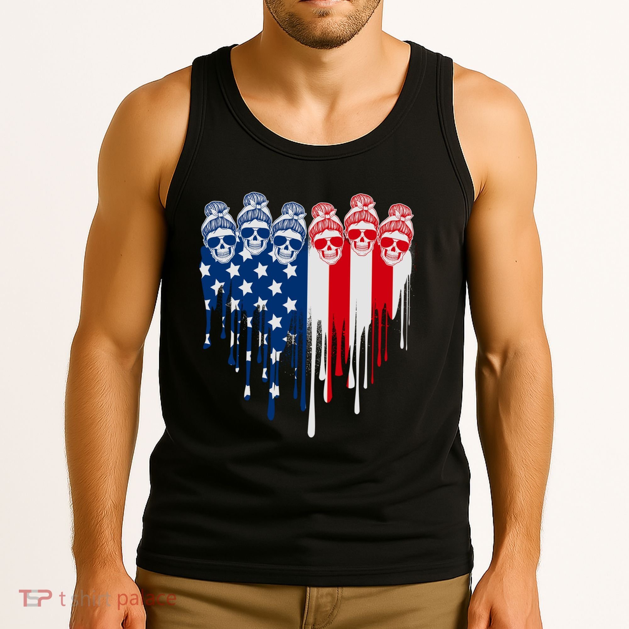 Messy Bun Skulls USA American Flag Painted Heart Tank Top