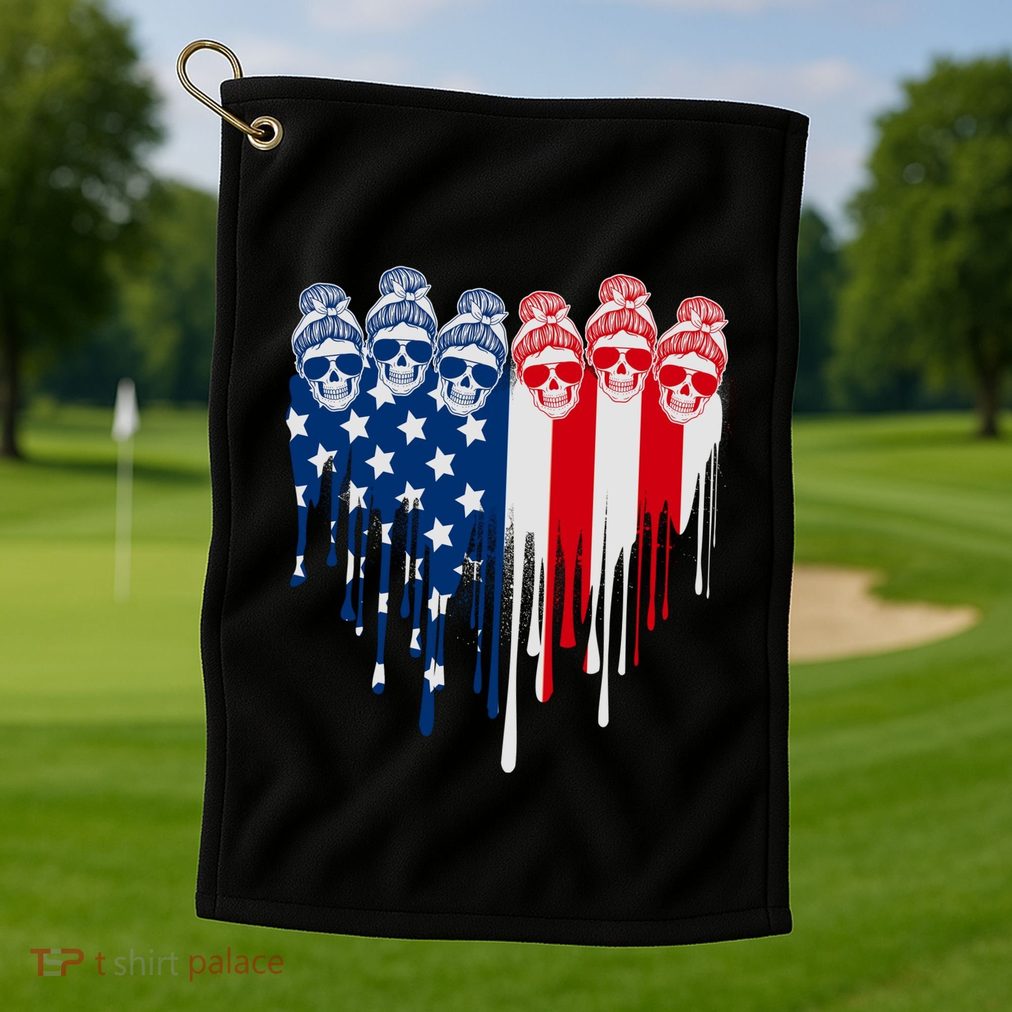 Messy Bun Skulls USA American Flag Painted Heart Golf Towel
