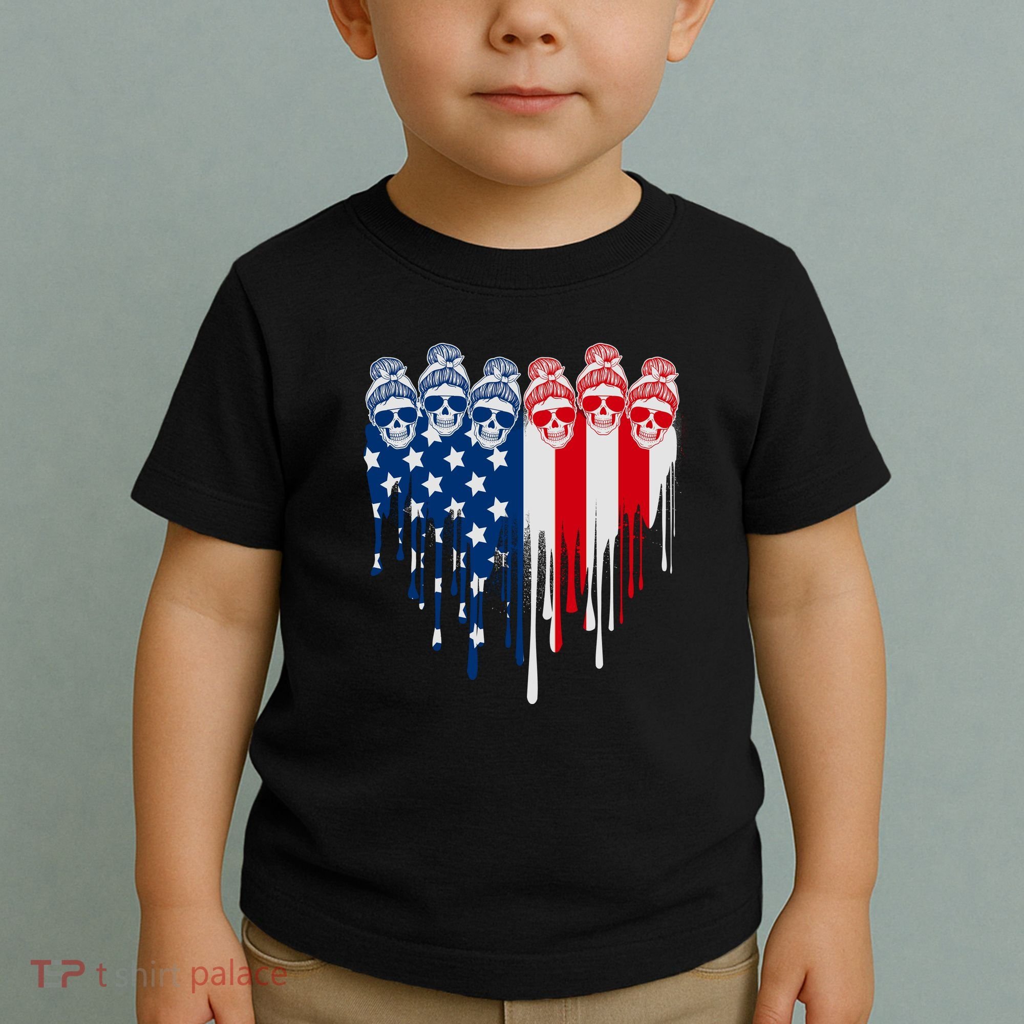 Messy Bun Skulls USA American Flag Painted Heart Toddler T-Shirt