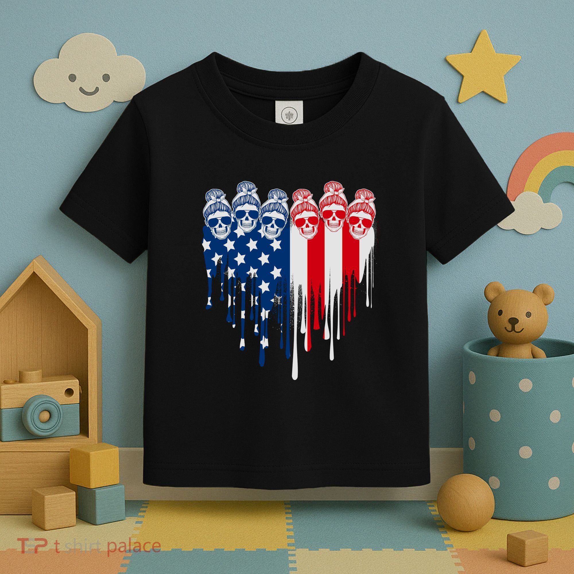 Messy Bun Skulls USA American Flag Painted Heart Toddler T-Shirt