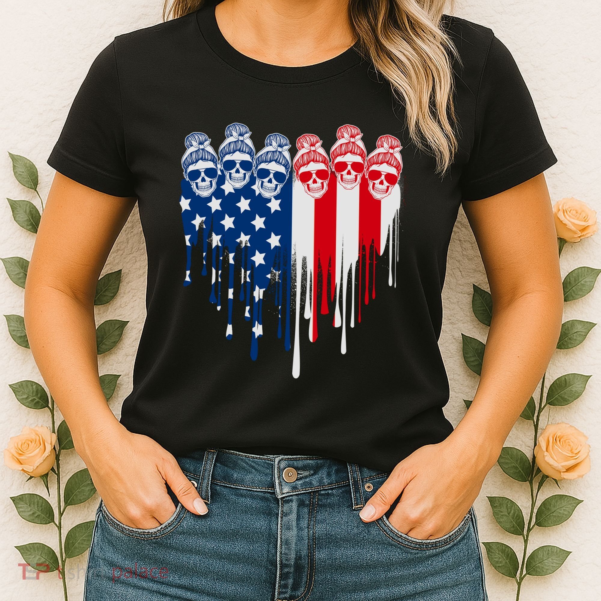 Messy Bun Skulls USA American Flag Painted Heart Women's T-Shirt
