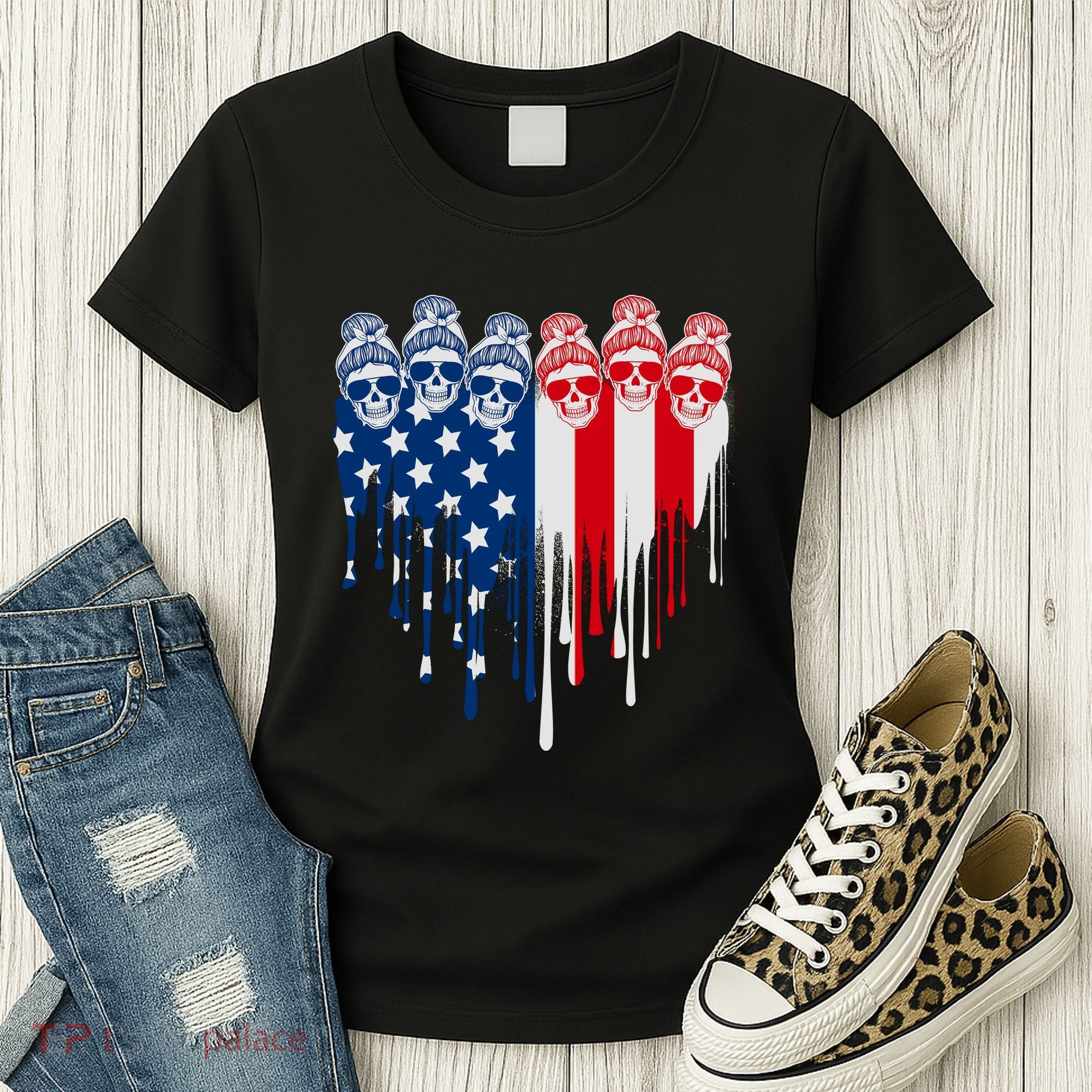 Messy Bun Skulls USA American Flag Painted Heart Women's T-Shirt