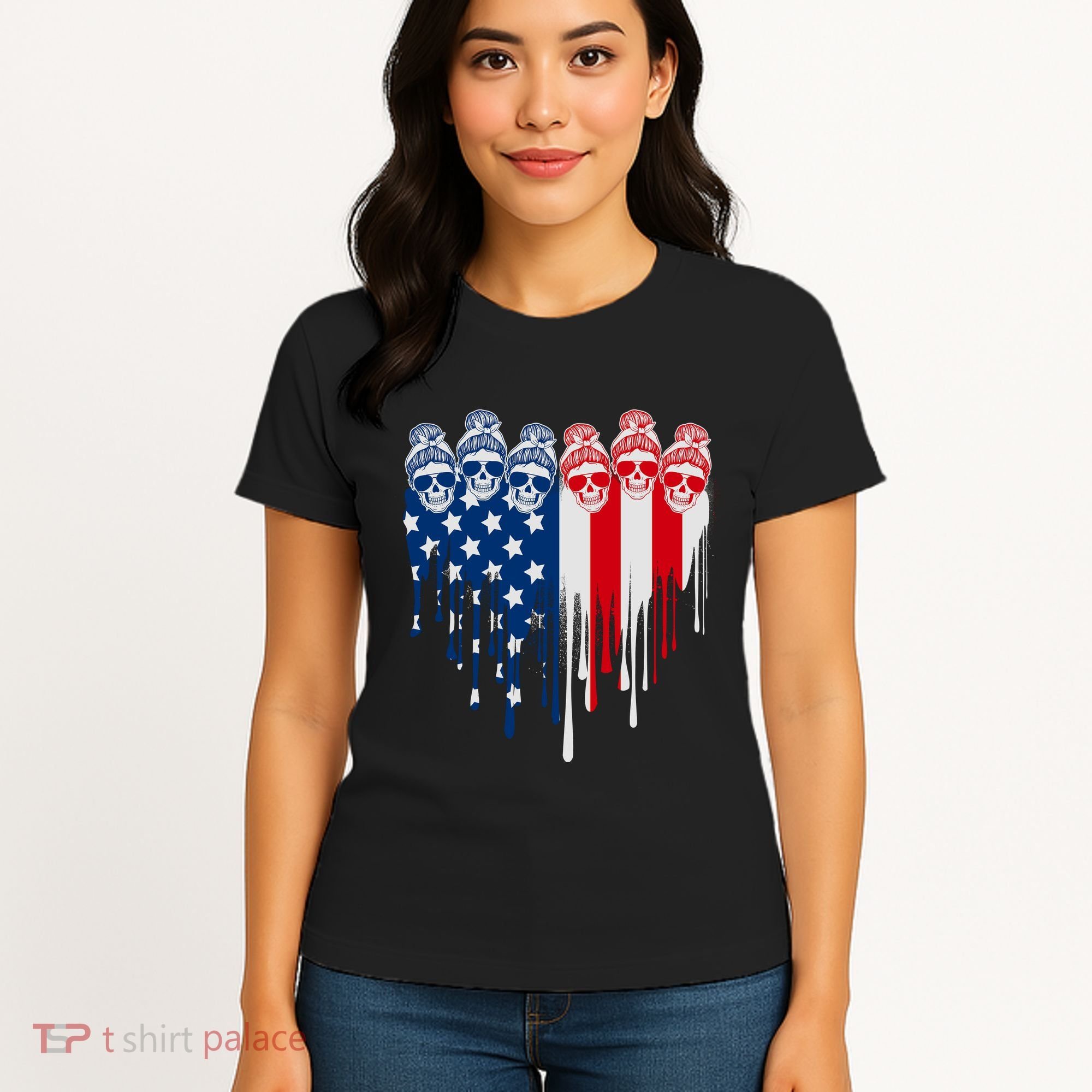 Messy Bun Skulls USA American Flag Painted Heart Women's T-Shirt