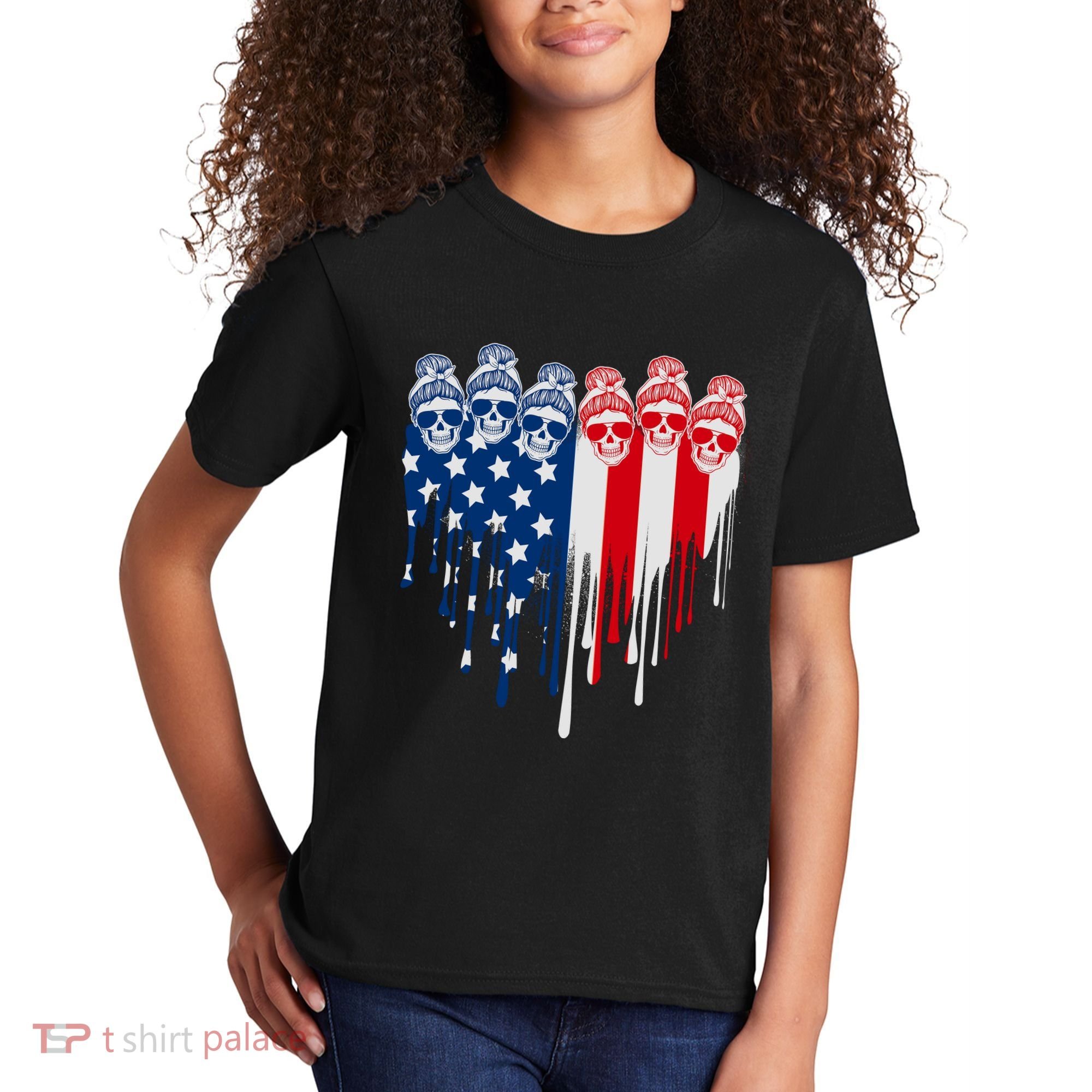 Messy Bun Skulls USA American Flag Painted Heart Kids T-Shirt