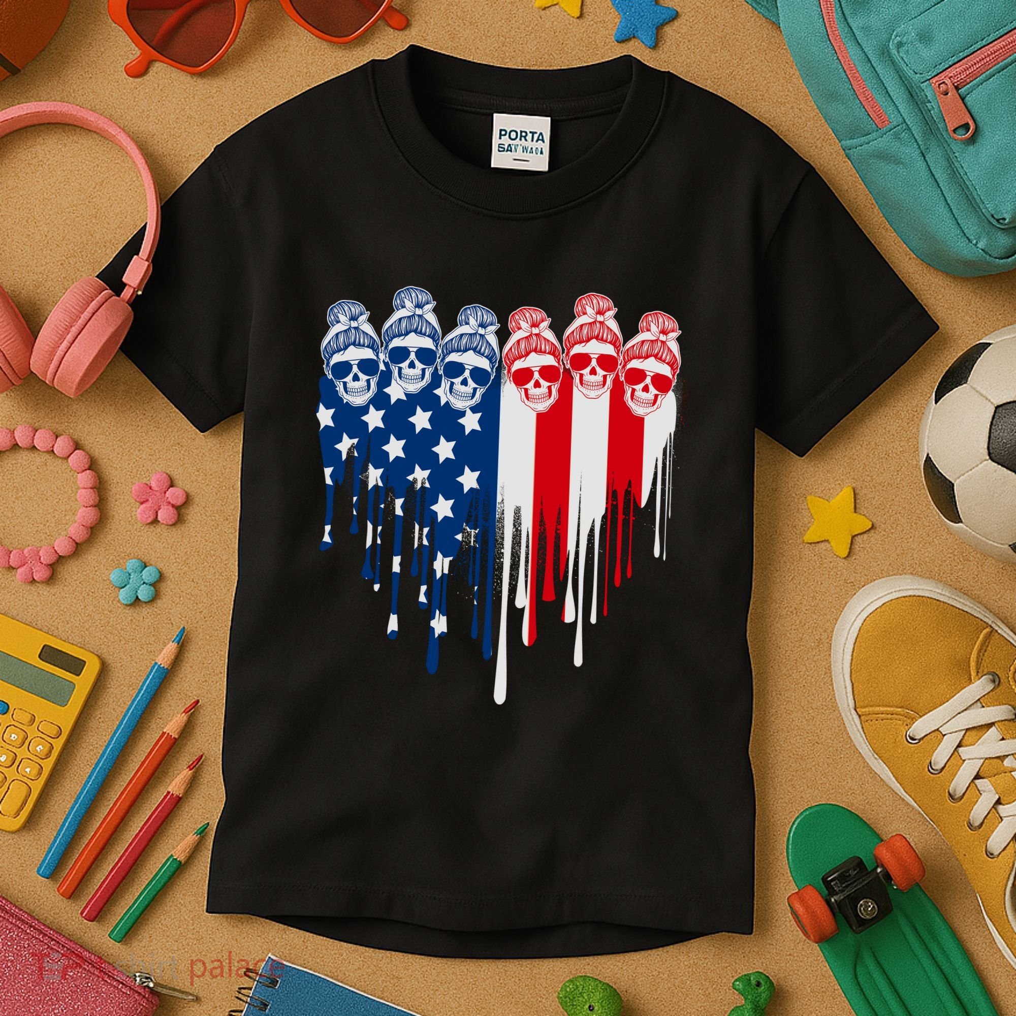 Messy Bun Skulls USA American Flag Painted Heart Kids T-Shirt