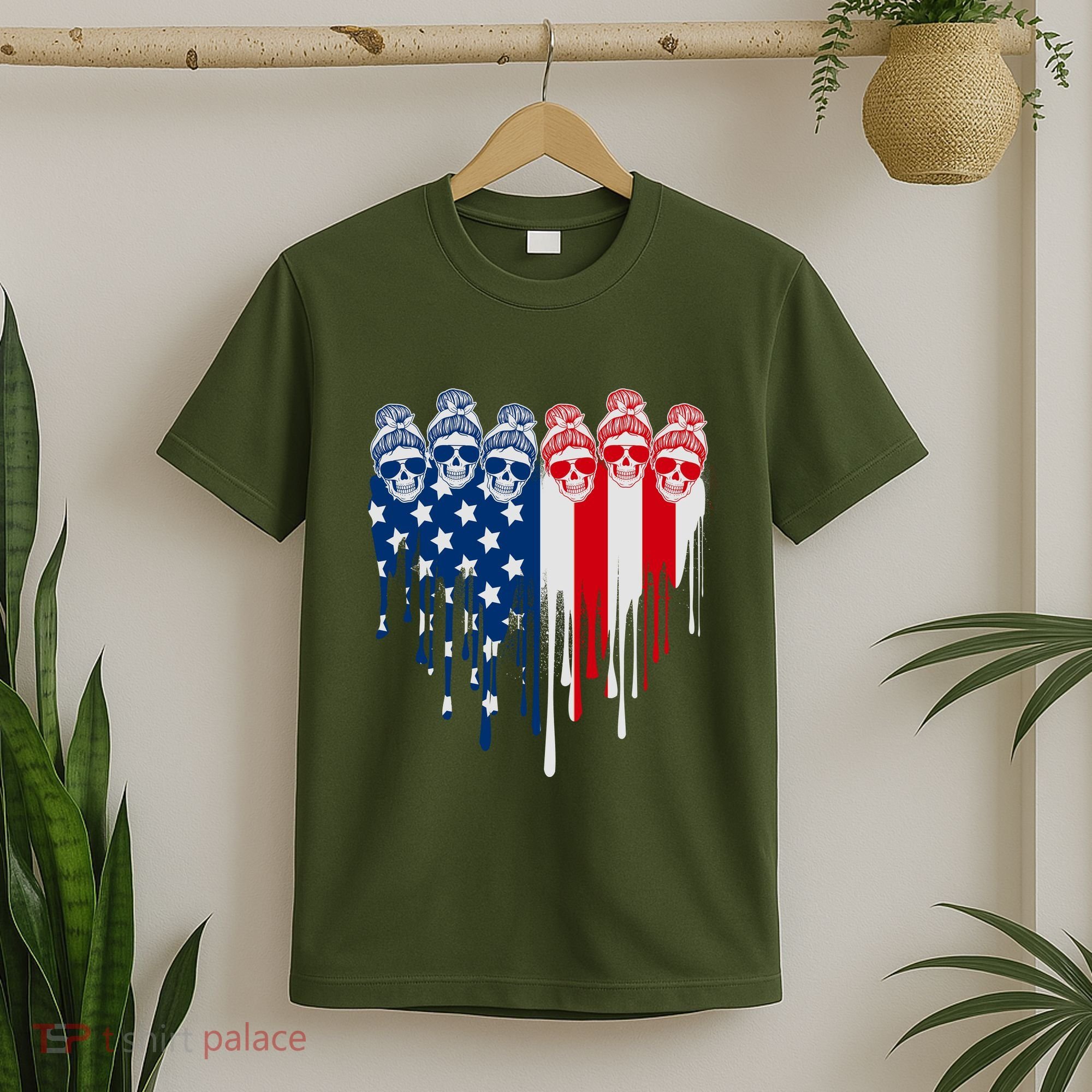 Messy Bun Skulls USA American Flag Painted Heart T-Shirt