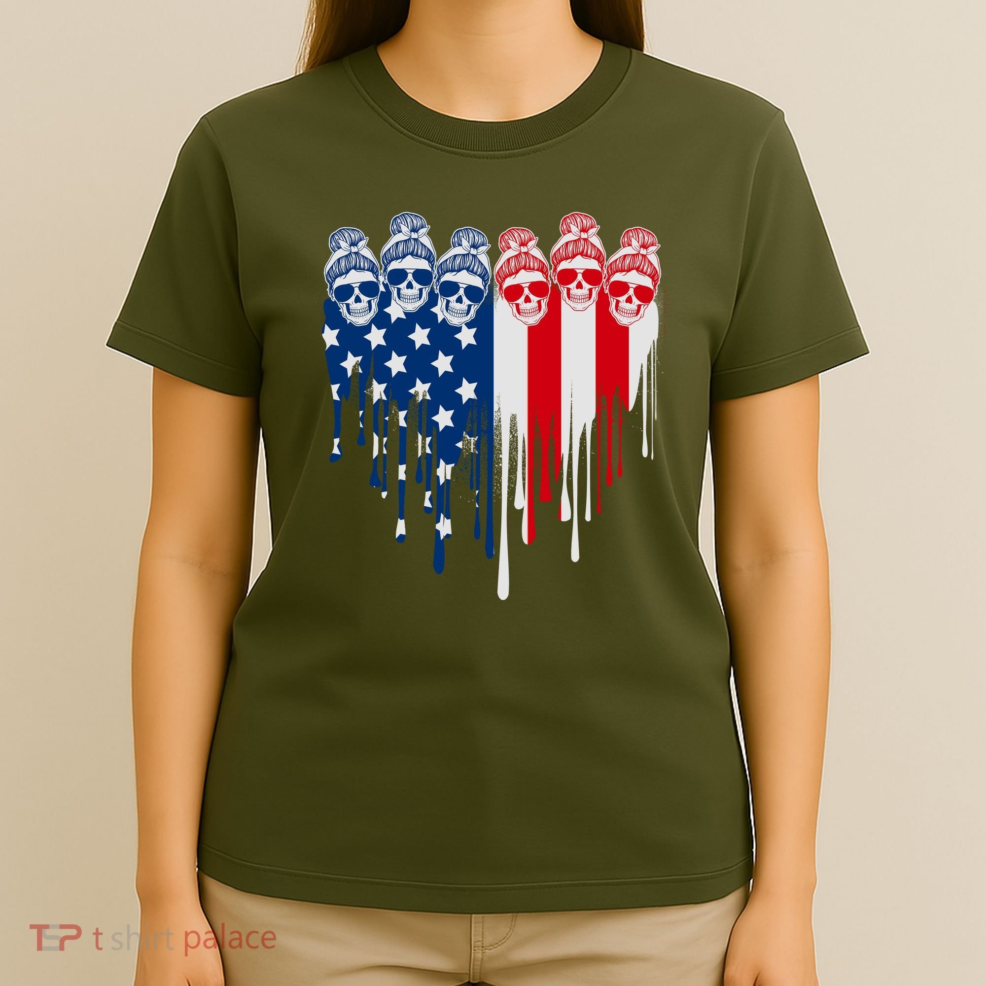 Messy Bun Skulls USA American Flag Painted Heart T-Shirt