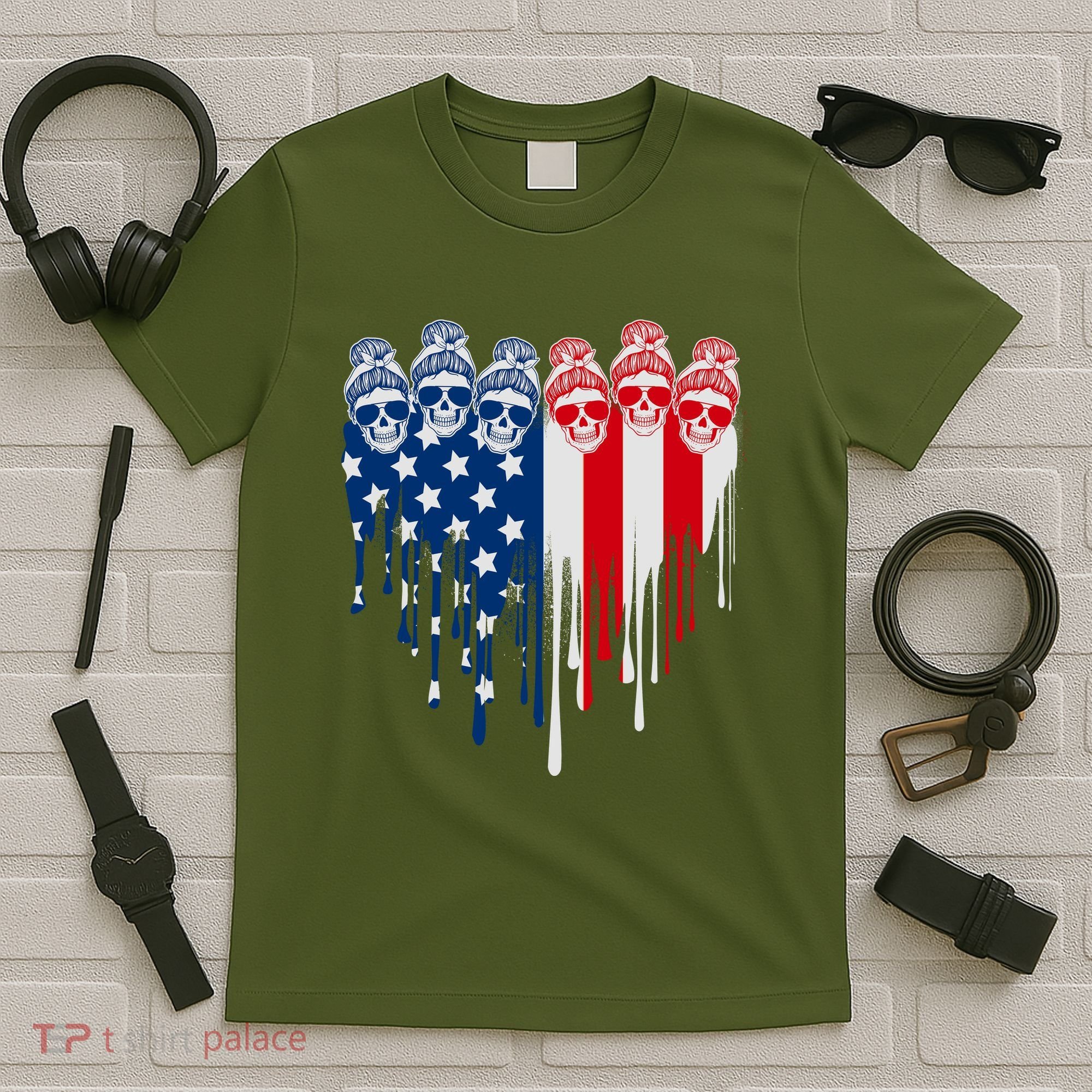 Messy Bun Skulls USA American Flag Painted Heart T-Shirt