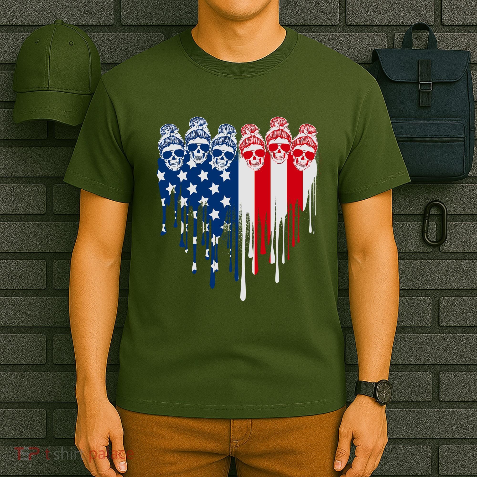 Messy Bun Skulls USA American Flag Painted Heart T-Shirt