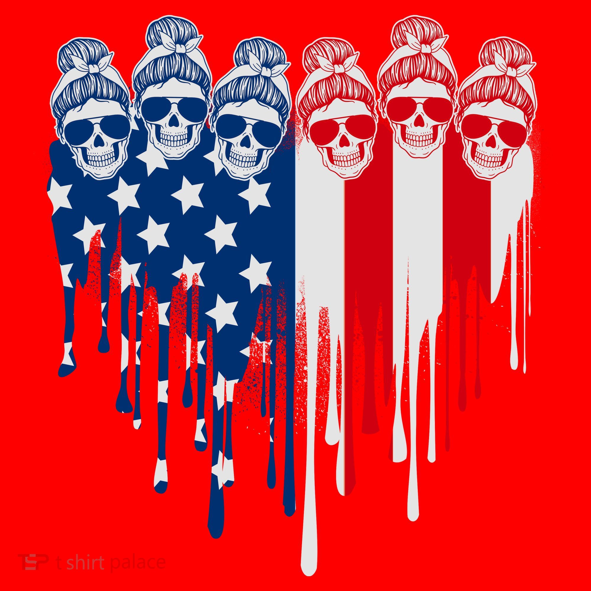 Messy Bun Skulls USA American Flag Painted Heart Santa Hat