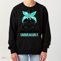 Messy Bun Teal Ribbon Ovarian Cancer Warrior Unbreakable Funny Gift Women's Sweatshirt thumb 0