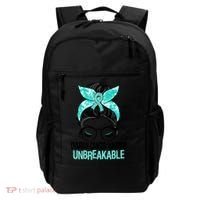 Messy Bun Teal Ribbon Ovarian Cancer Warrior Unbreakable Funny Gift Backpack thumb 0