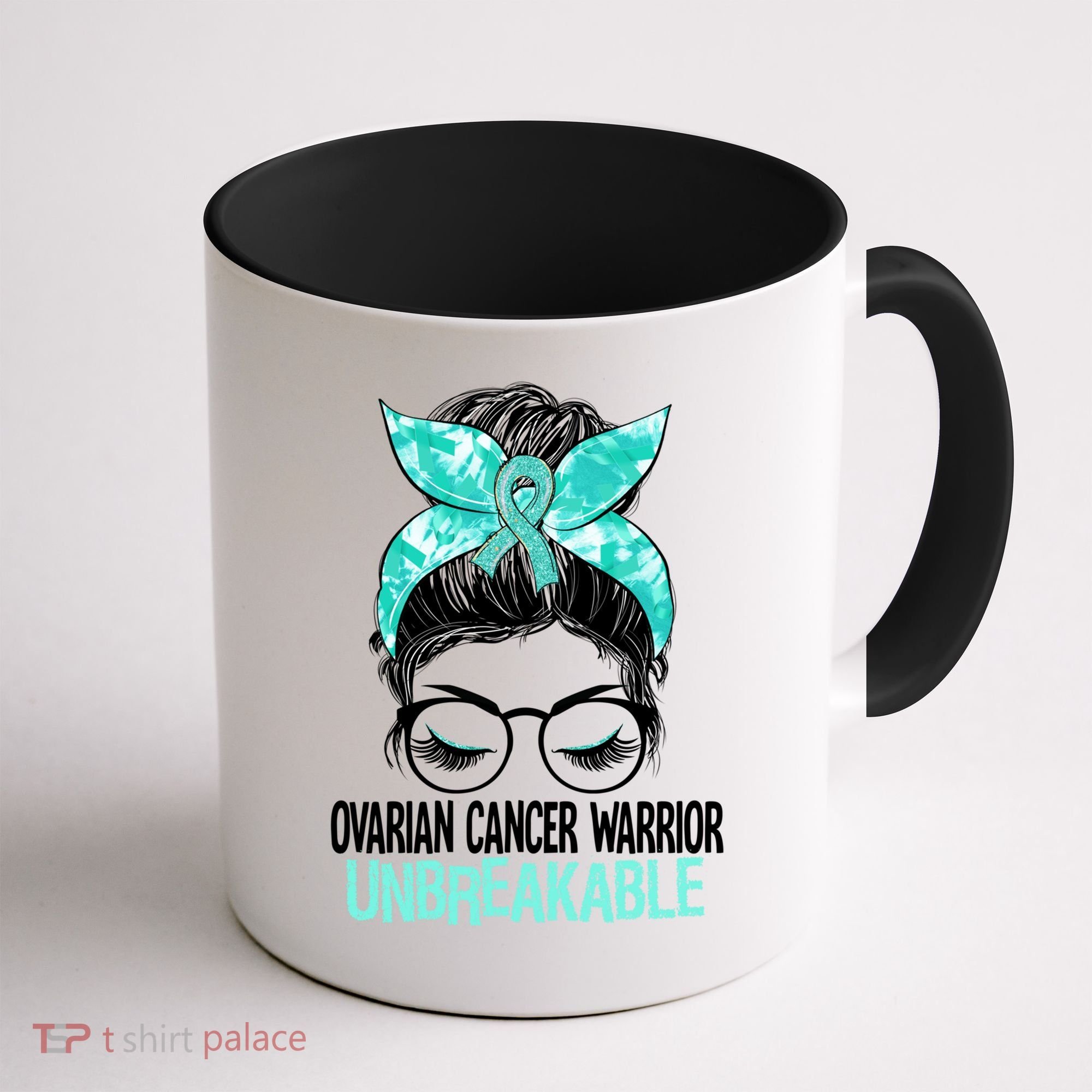 Messy Bun Teal Ribbon Ovarian Cancer Warrior Unbreakable Funny Gift Coffee Mug