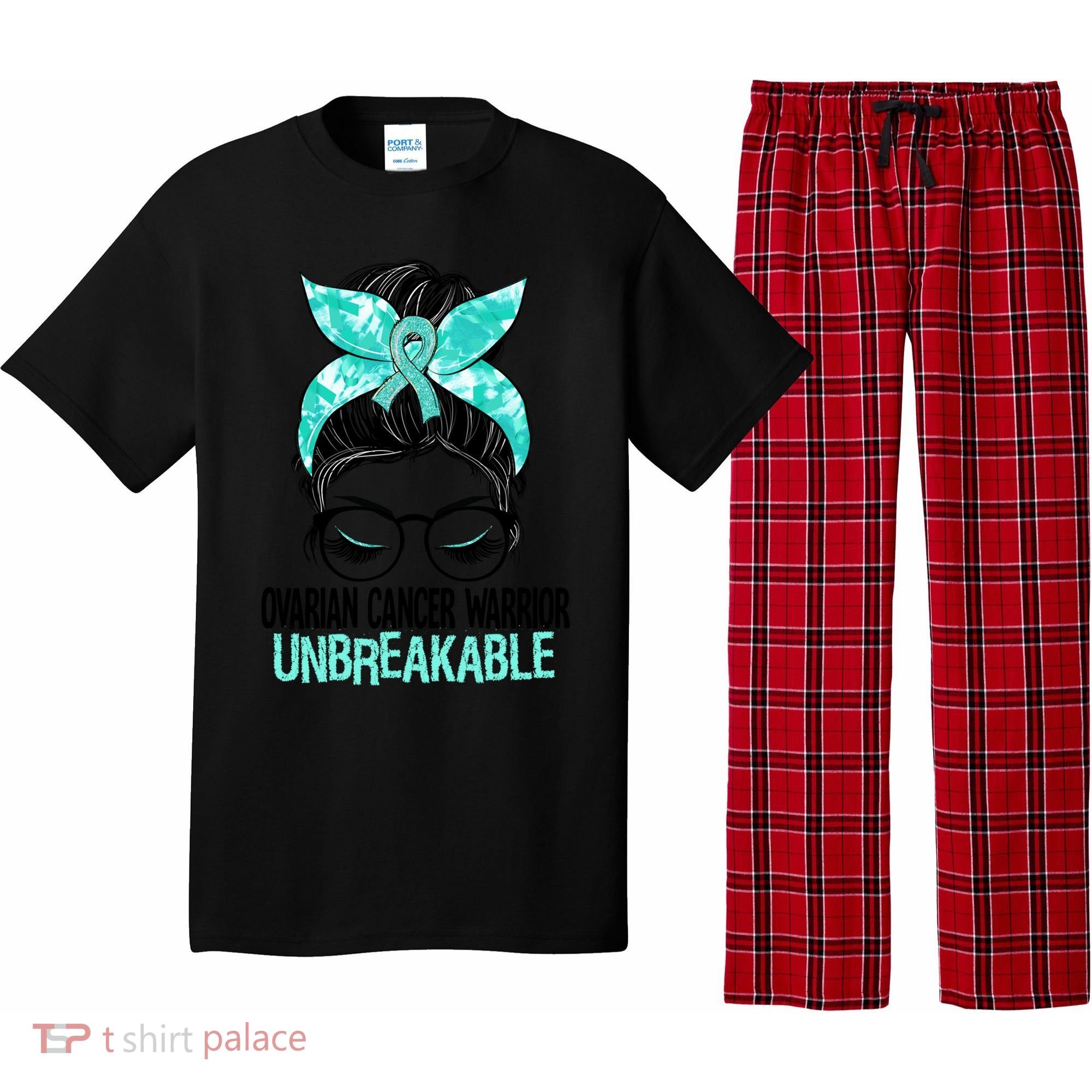 Messy Bun Teal Ribbon Ovarian Cancer Warrior Unbreakable Funny Gift Pajama Set