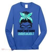 Messy Bun Teal Ribbon Ovarian Cancer Warrior Unbreakable Funny Gift Long Sleeve Shirt thumb 0