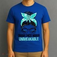 Messy Bun Teal Ribbon Ovarian Cancer Warrior Unbreakable Funny Gift T-Shirt thumb 3