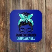 Messy Bun Teal Ribbon Ovarian Cancer Warrior Unbreakable Funny Gift Coaster thumb 0