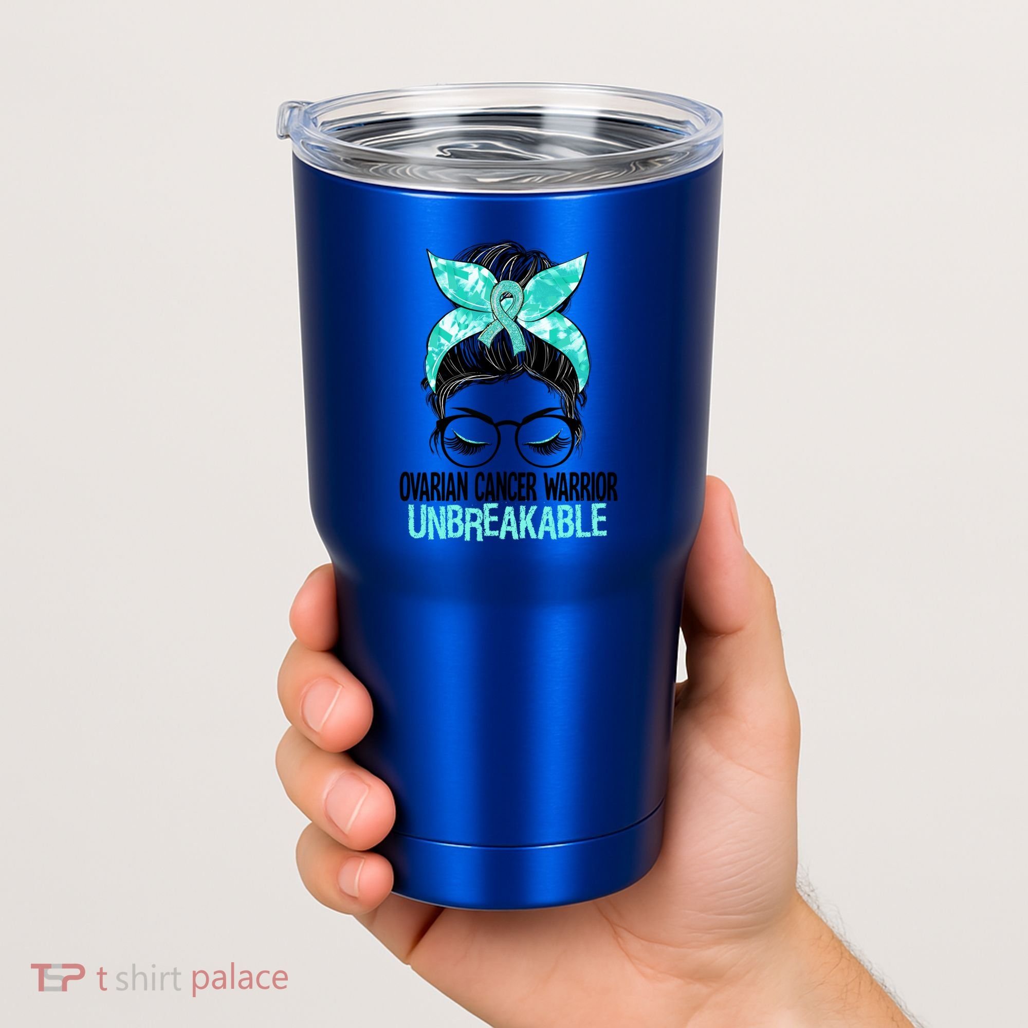 Messy Bun Teal Ribbon Ovarian Cancer Warrior Unbreakable Funny Gift Tumbler