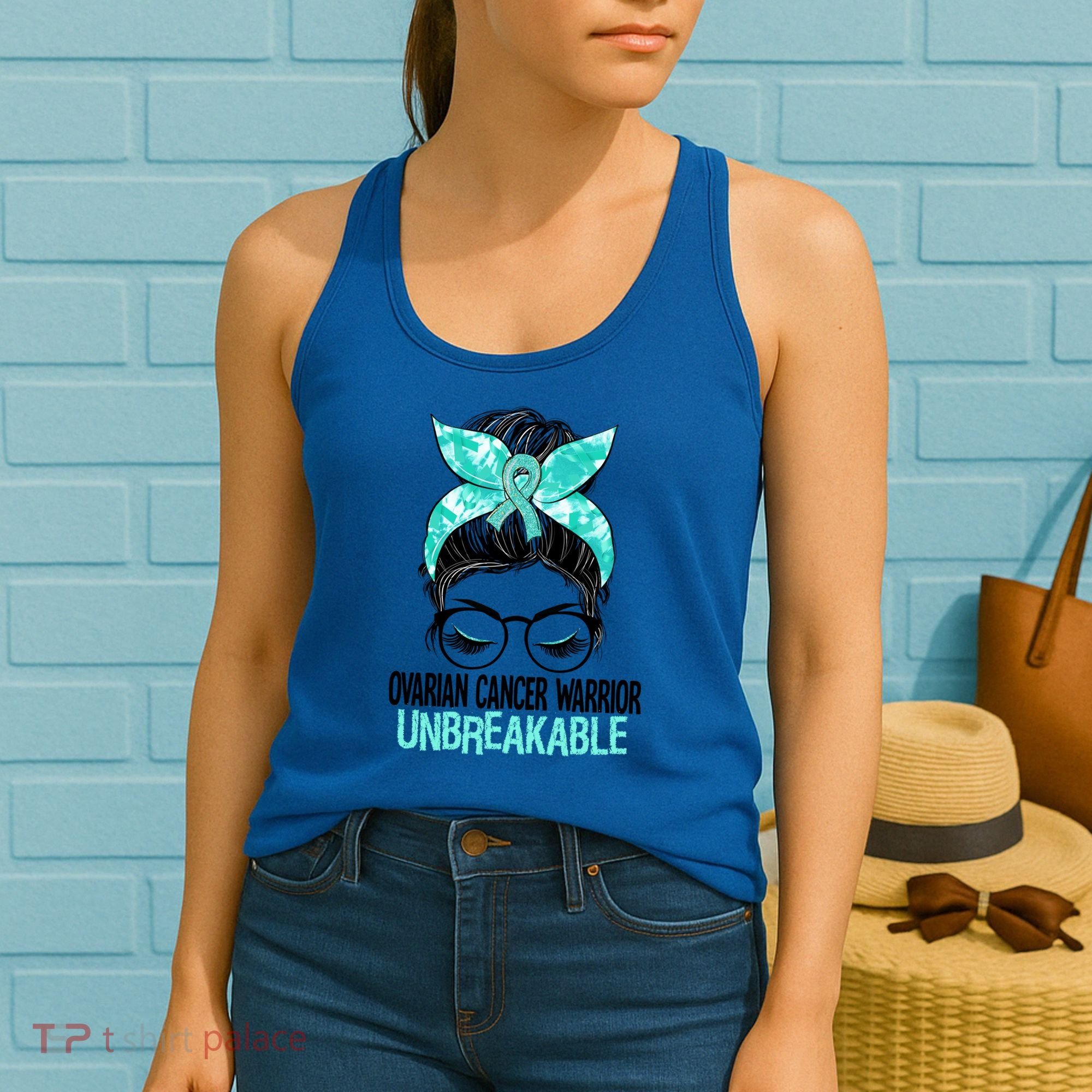 Messy Bun Teal Ribbon Ovarian Cancer Warrior Unbreakable Funny Gift Women's Tank Top