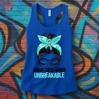 Messy Bun Teal Ribbon Ovarian Cancer Warrior Unbreakable Funny Gift Women's Tank Top thumb 3