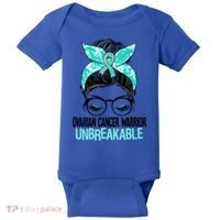Messy Bun Teal Ribbon Ovarian Cancer Warrior Unbreakable Funny Gift Baby Bodysuit thumb 0