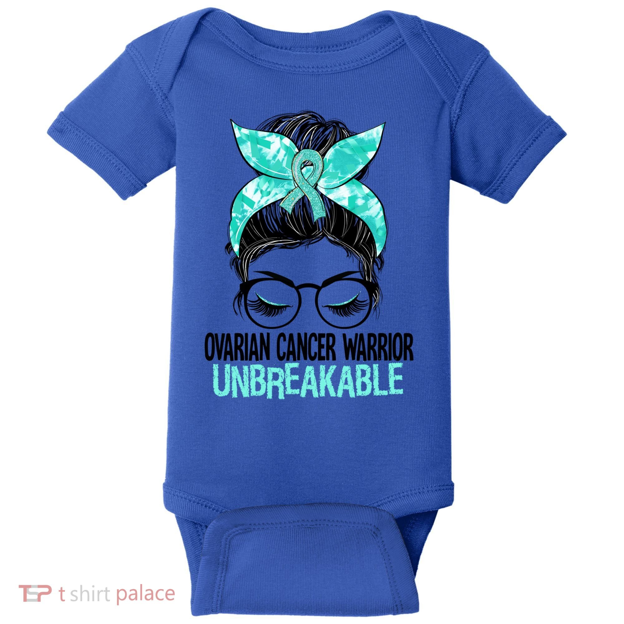 Messy Bun Teal Ribbon Ovarian Cancer Warrior Unbreakable Funny Gift Baby Bodysuit