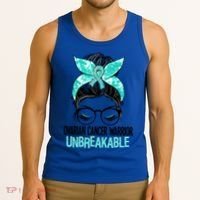 Messy Bun Teal Ribbon Ovarian Cancer Warrior Unbreakable Funny Gift Tank Top thumb 3